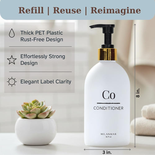 Shampoo & Conditioner Shower Dispenser Set, Pearl White - Empty Matte Plastic Bottles, 16.9 oz Pump Containers, Luxury Bathroom Decor, 3 Pack for Spa, Airbnb [White-Gold]