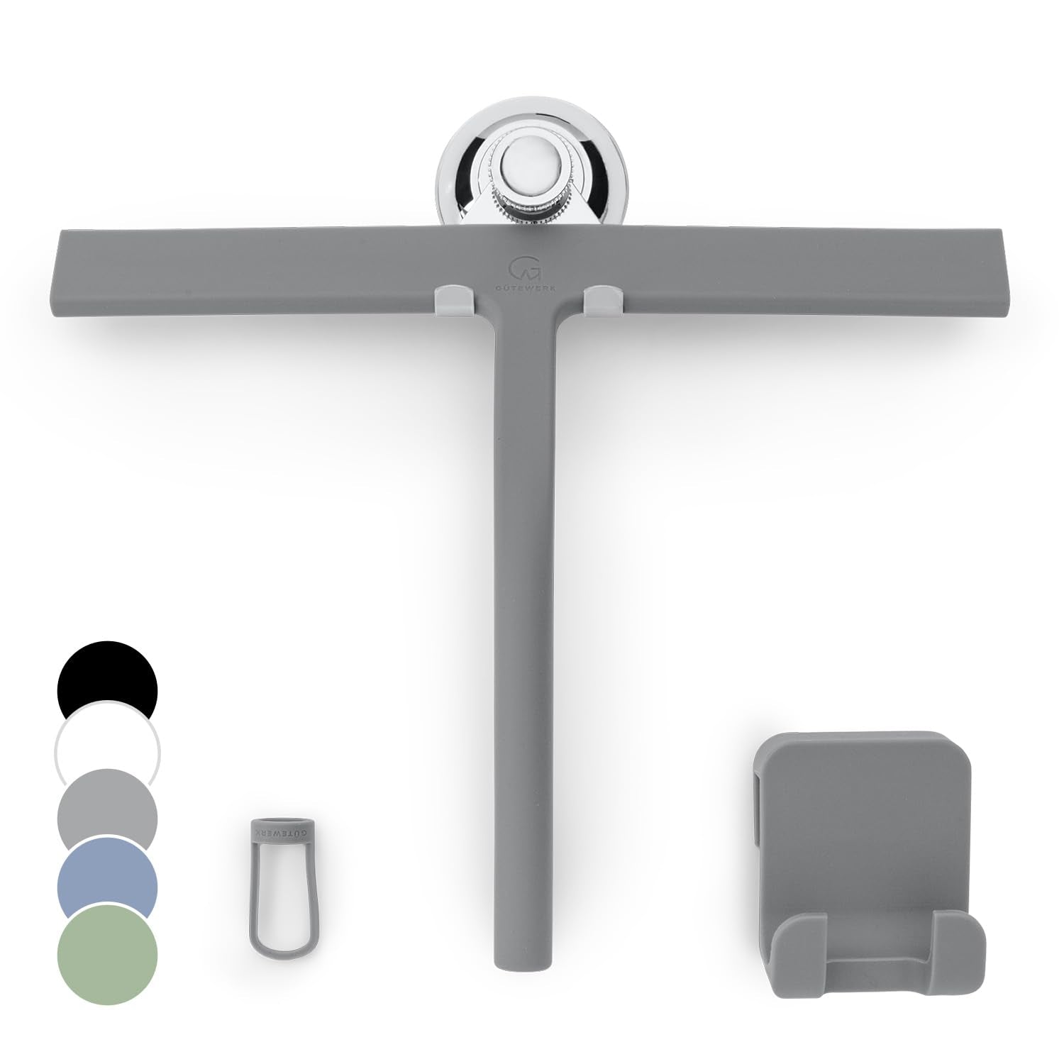 GÜTEWERK Silicone Shower Squeegee for Glass Doors & Mirrors with Stainless Steel Core, Streak-Free & No-Squeak Window Cleaning, 3-in-1 No-Drill Mount (Hook/Suction/Adhesive), Black, 9''