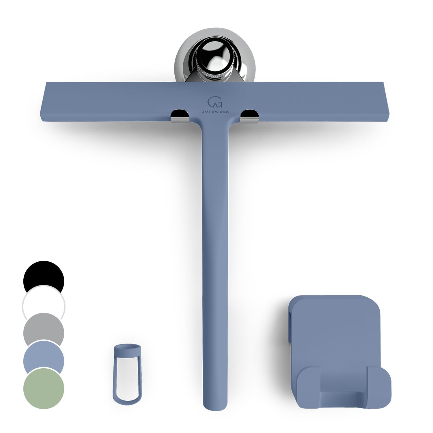 GÜTEWERK Silicone Shower Squeegee for Glass Doors & Mirrors with Stainless Steel Core, Streak-Free & No-Squeak Window Cleaning, 3-in-1 No-Drill Mount (Hook/Suction/Adhesive), Black, 9''