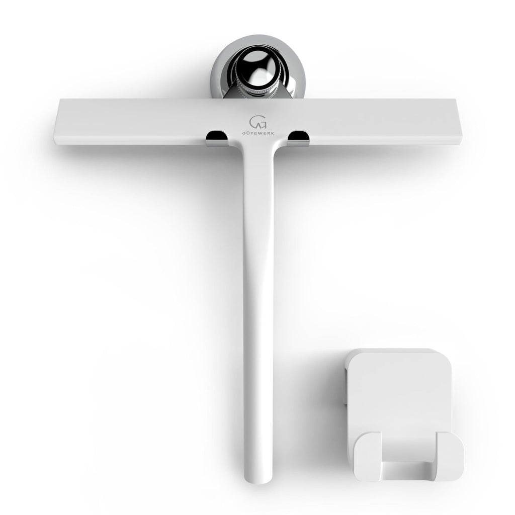 GÜTEWERK Silicone Shower Squeegee for Glass Doors & Mirrors with Stainless Steel Core, Streak-Free & No-Squeak Window Cleaning, 3-in-1 No-Drill Mount (Hook/Suction/Adhesive), Black, 9''