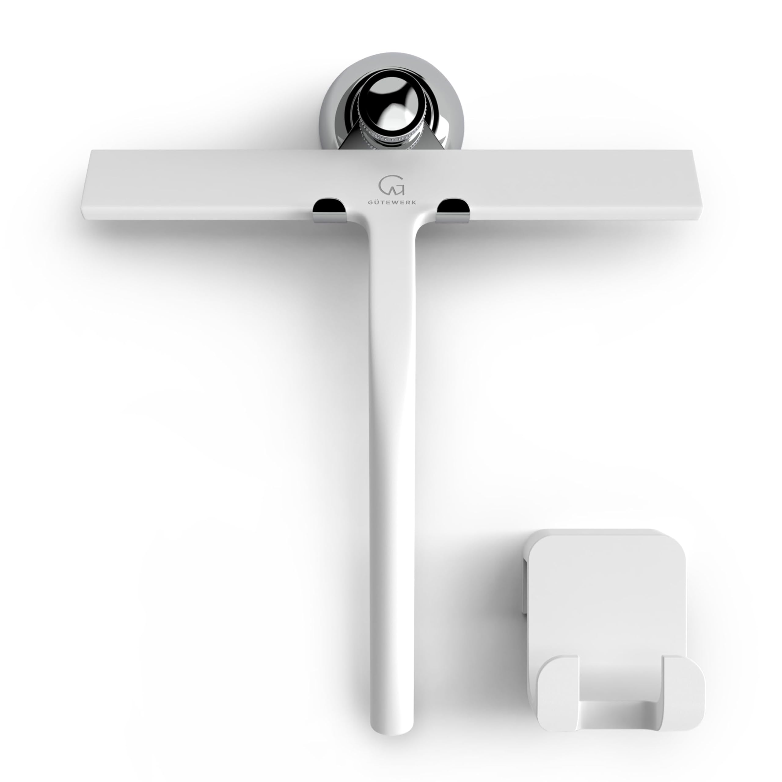 GÜTEWERK Silicone Shower Squeegee for Glass Doors & Mirrors with Stainless Steel Core, Streak-Free & No-Squeak Window Cleaning, 3-in-1 No-Drill Mount (Hook/Suction/Adhesive), Black, 9''