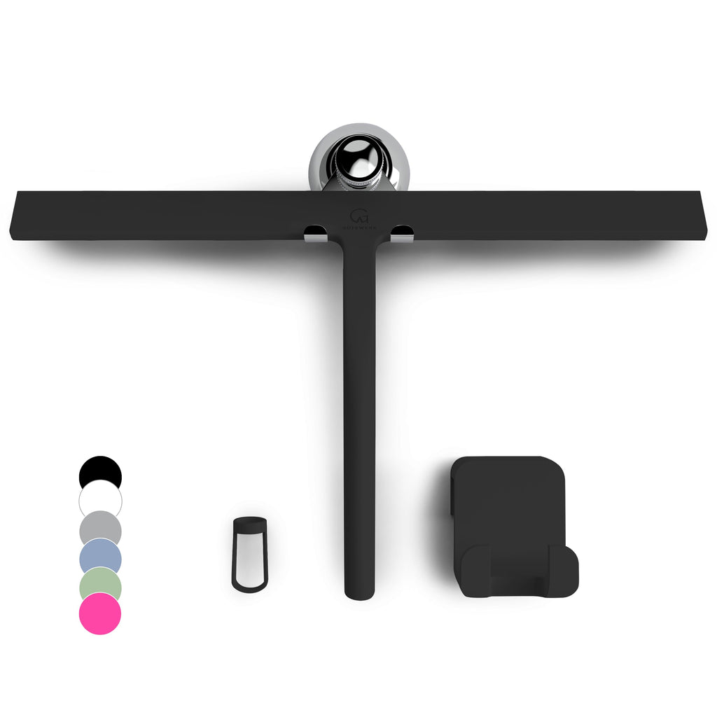 GÜTEWERK Silicone Shower Squeegee for Glass Doors & Mirrors with Stainless Steel Core, Streak-Free & No-Squeak Window Cleaning, 3-in-1 No-Drill Mount (Hook/Suction/Adhesive), Black, 9''
