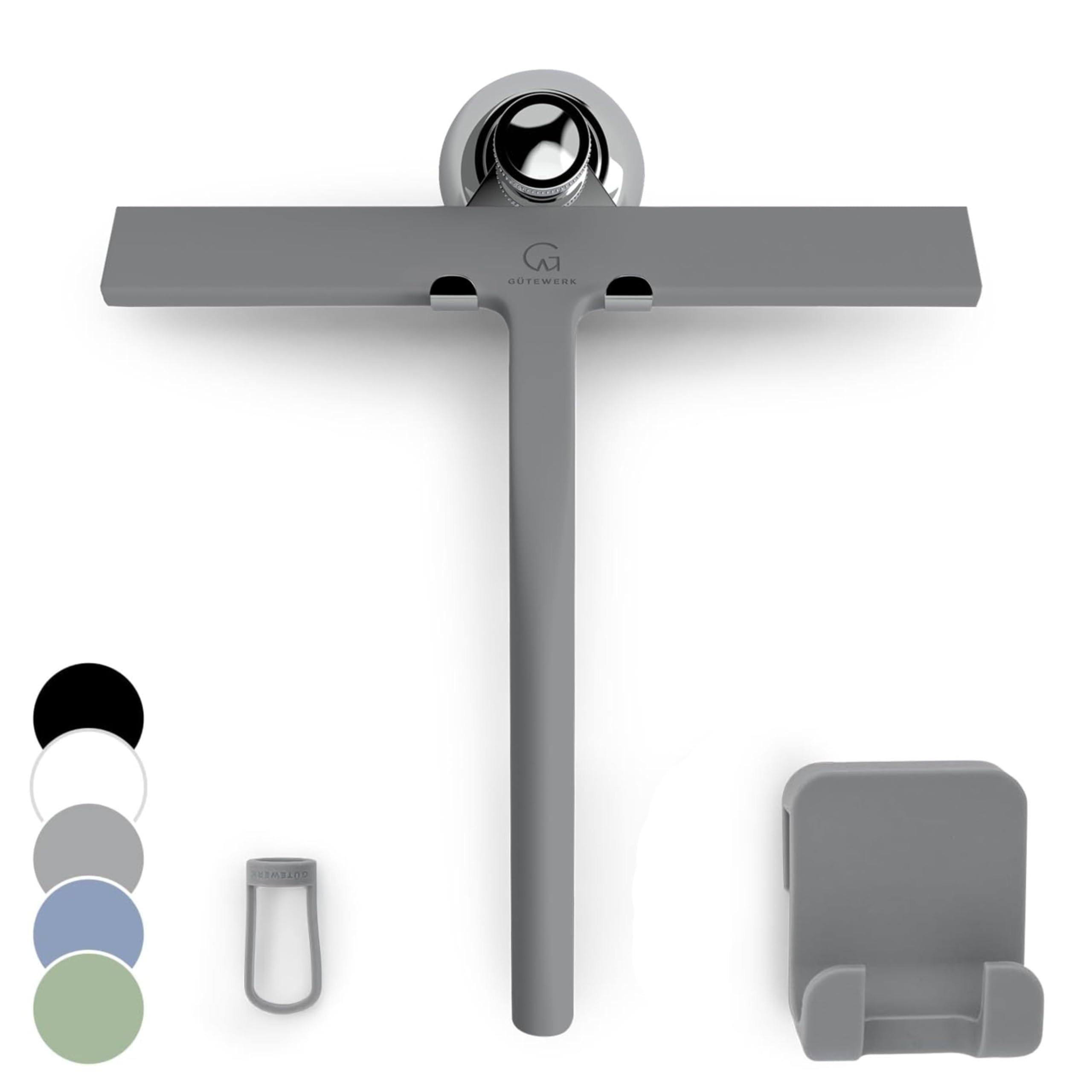 GÜTEWERK Silicone Shower Squeegee for Glass Doors & Mirrors with Stainless Steel Core, Streak-Free & No-Squeak Window Cleaning, 3-in-1 No-Drill Mount (Hook/Suction/Adhesive), Black, 9''