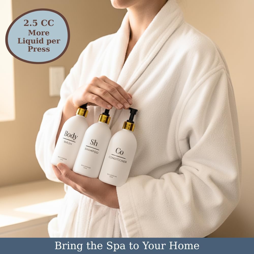 Shampoo & Conditioner Shower Dispenser Set, Pearl White - Empty Matte Plastic Bottles, 16.9 oz Pump Containers, Luxury Bathroom Decor, 3 Pack for Spa, Airbnb [White-Gold]