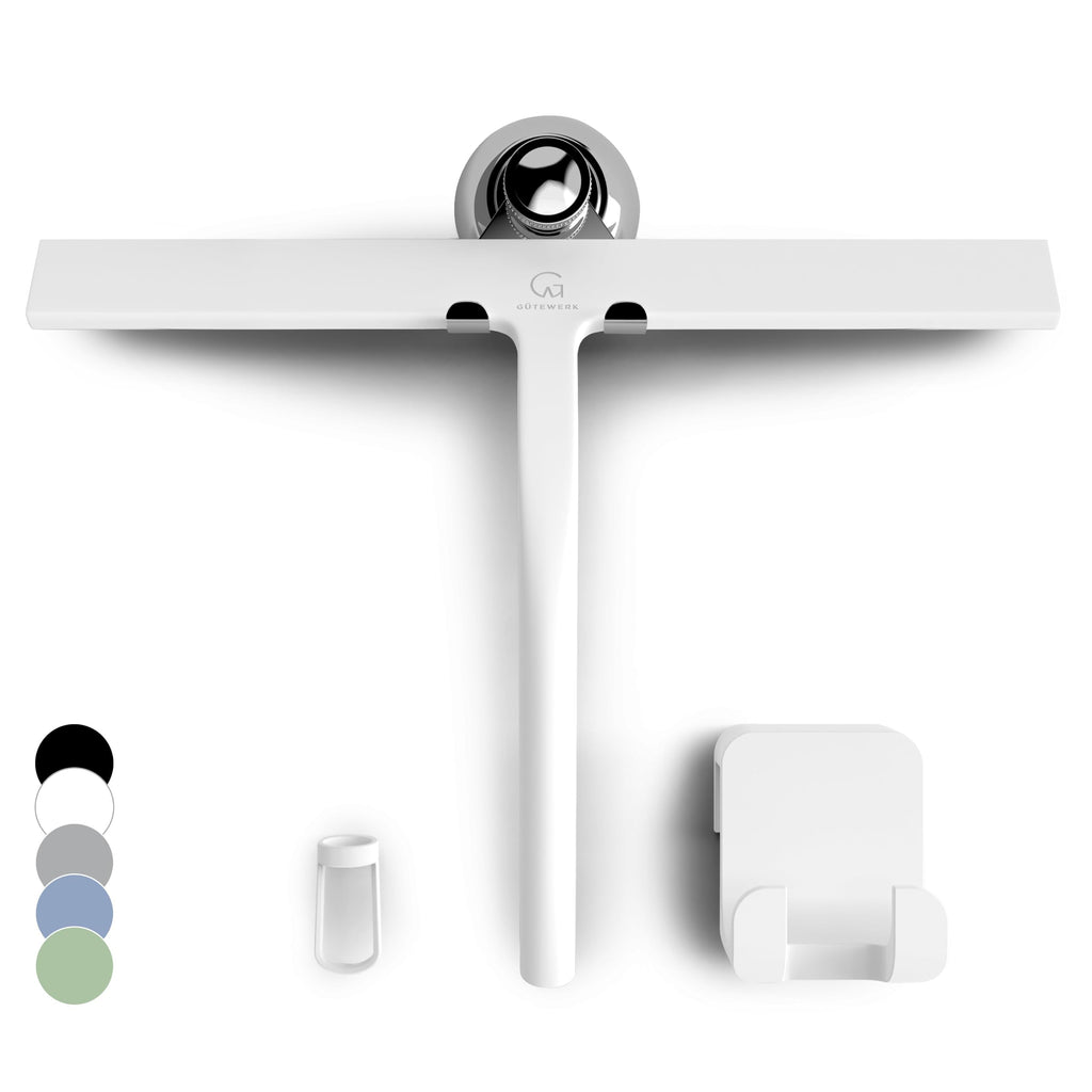 GÜTEWERK Silicone Shower Squeegee for Glass Doors & Mirrors with Stainless Steel Core, Streak-Free & No-Squeak Window Cleaning, 3-in-1 No-Drill Mount (Hook/Suction/Adhesive), Black, 9''