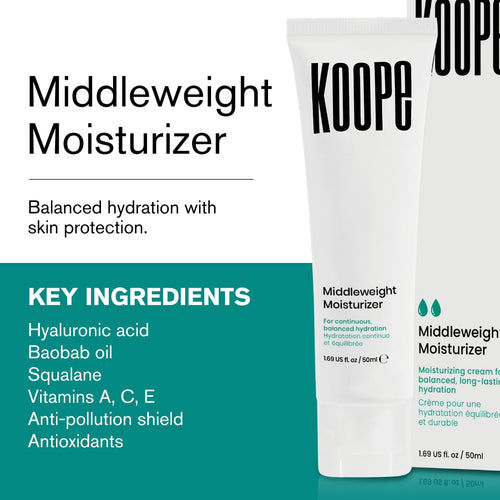 Koope Middleweight Moisturizer Face Cream, For All Skin Types, Balanced Hydration with Hyaluronic Acid, Baobab Oil, Anti-Pollution Shield, Free of Parabens, Sulphates & Fragrances, Vegan, 1.69 FL OZ
