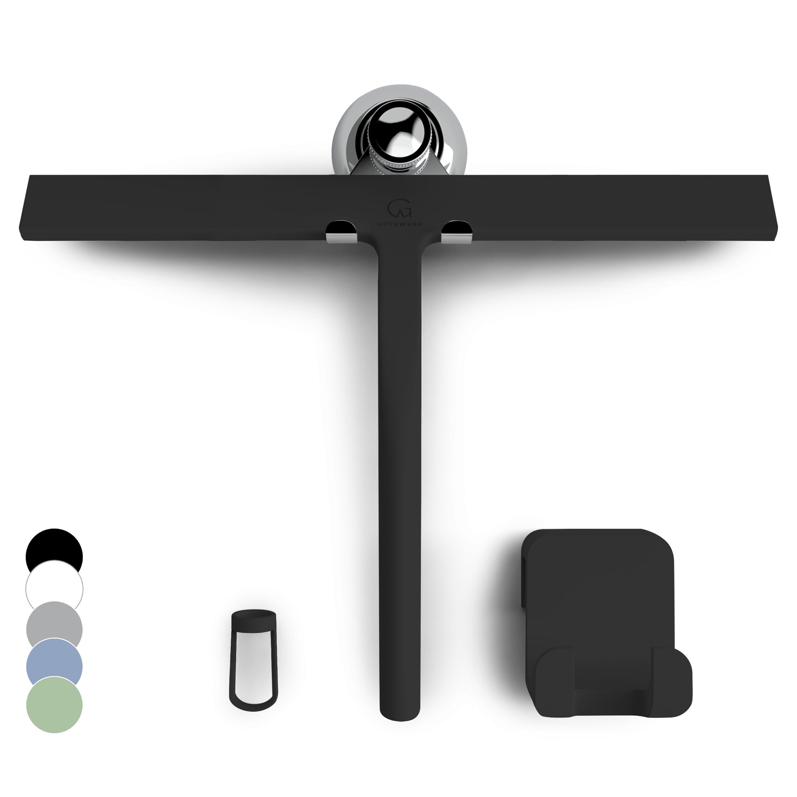GÜTEWERK Silicone Shower Squeegee for Glass Doors & Mirrors with Stainless Steel Core, Streak-Free & No-Squeak Window Cleaning, 3-in-1 No-Drill Mount (Hook/Suction/Adhesive), Black, 9''