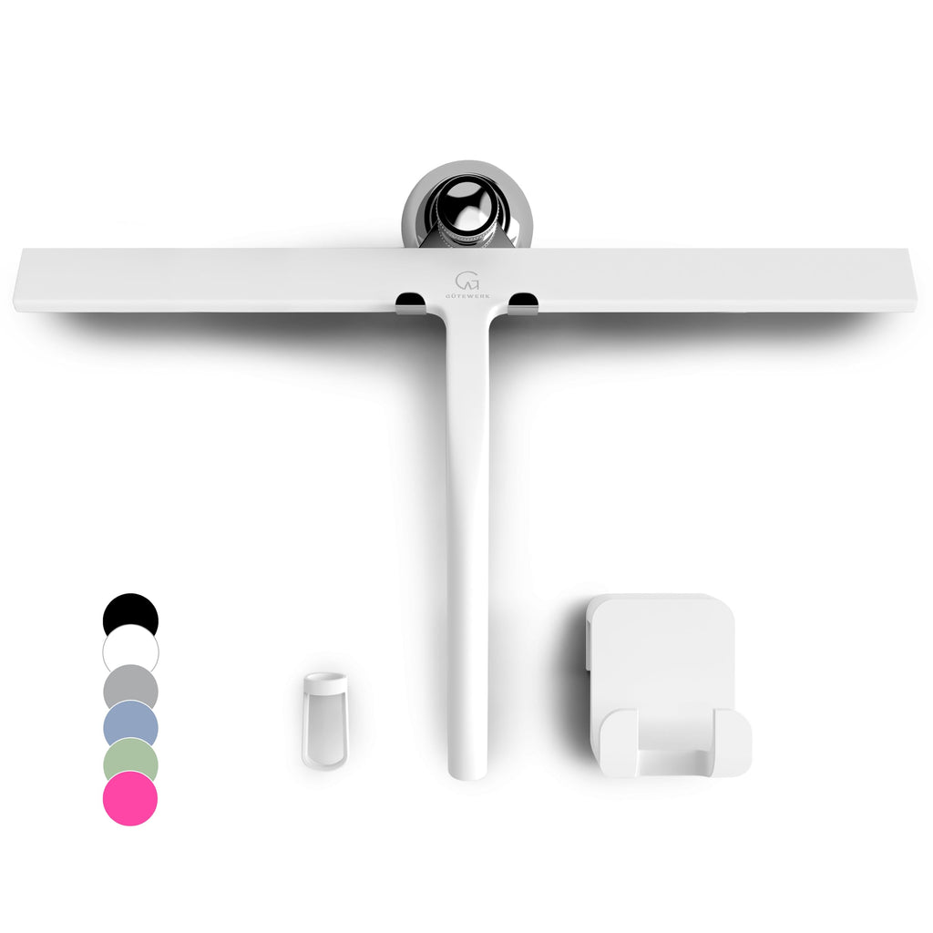 GÜTEWERK Silicone Shower Squeegee for Glass Doors & Mirrors with Stainless Steel Core, Streak-Free & No-Squeak Window Cleaning, 3-in-1 No-Drill Mount (Hook/Suction/Adhesive), Black, 9''