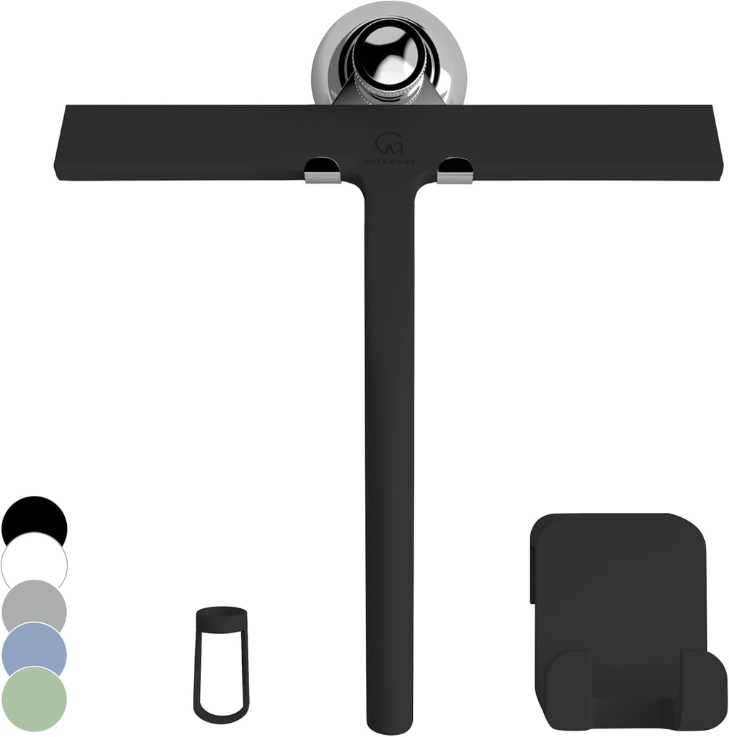 GÜTEWERK Silicone Shower Squeegee for Glass Doors & Mirrors with Stainless Steel Core, Streak-Free & No-Squeak Window Cleaning, 3-in-1 No-Drill Mount (Hook/Suction/Adhesive), Black, 9''