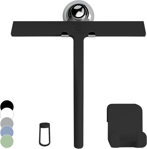 GÜTEWERK Silicone Shower Squeegee for Glass Doors & Mirrors with Stainless Steel Core, Streak-Free & No-Squeak Window Cleaning, 3-in-1 No-Drill Mount (Hook/Suction/Adhesive), Black, 9''