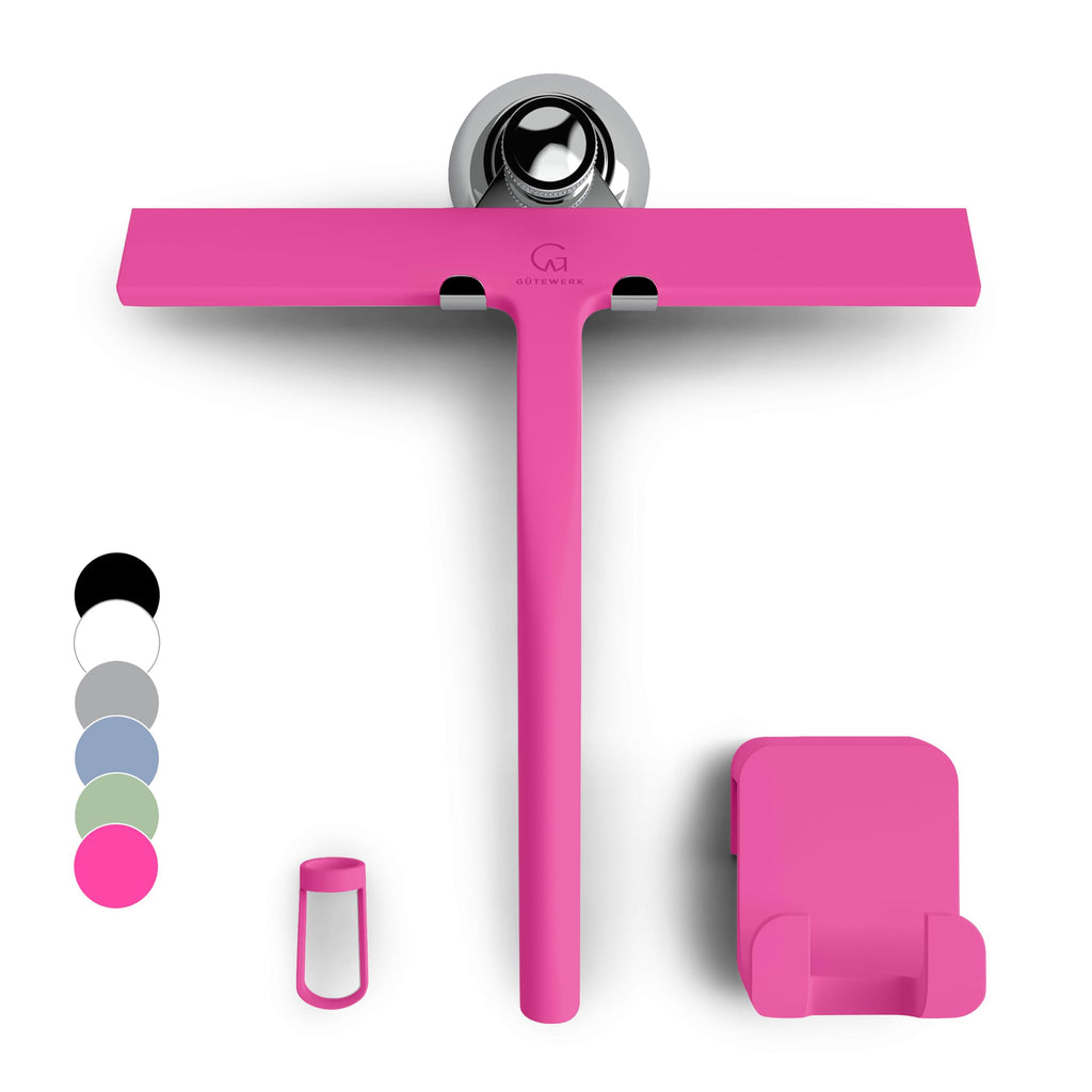 GÜTEWERK Silicone Shower Squeegee for Glass Doors & Mirrors with Stainless Steel Core, Streak-Free & No-Squeak Window Cleaning, 3-in-1 No-Drill Mount (Hook/Suction/Adhesive), Black, 9''