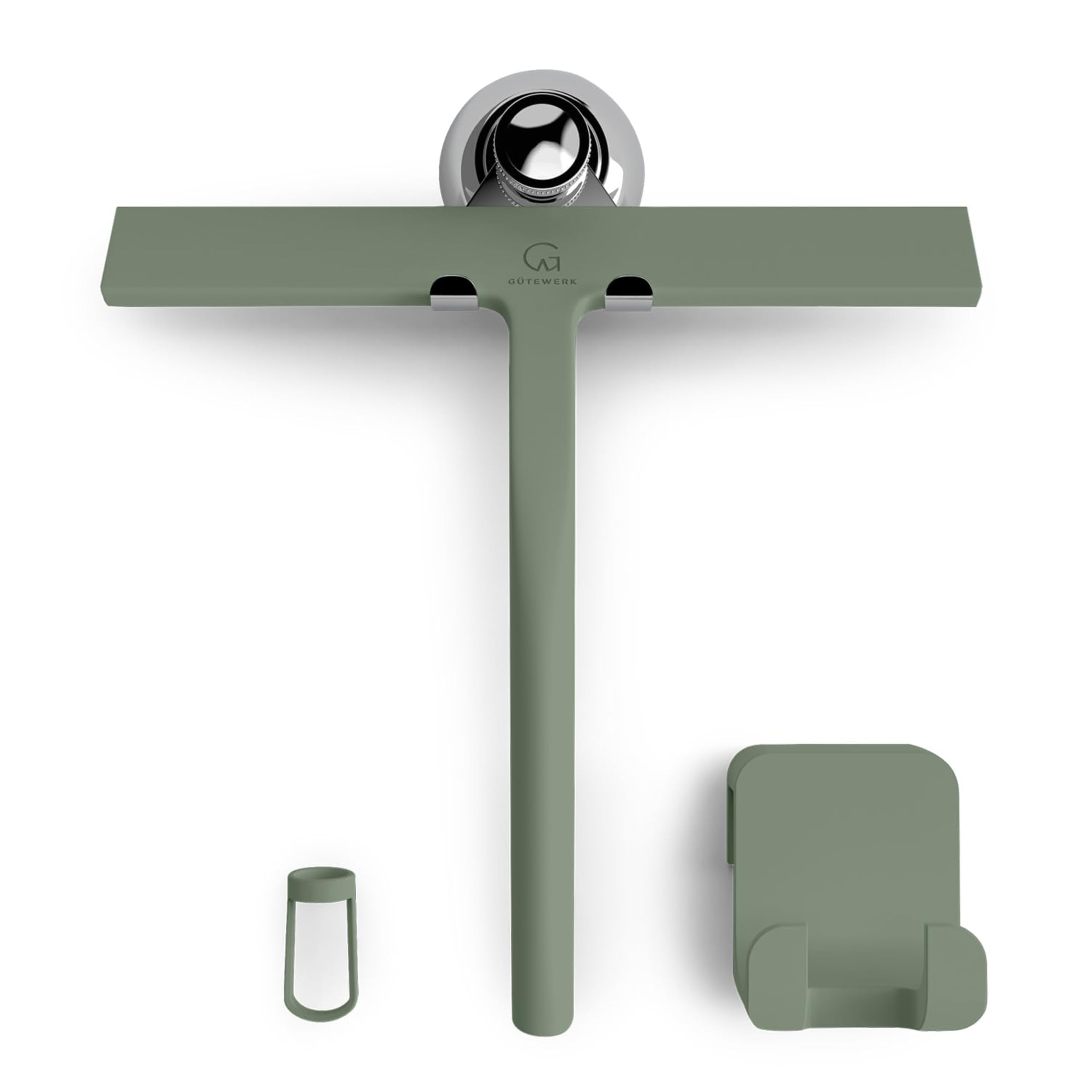 GÜTEWERK Silicone Shower Squeegee for Glass Doors & Mirrors with Stainless Steel Core, Streak-Free & No-Squeak Window Cleaning, 3-in-1 No-Drill Mount (Hook/Suction/Adhesive), Black, 9''