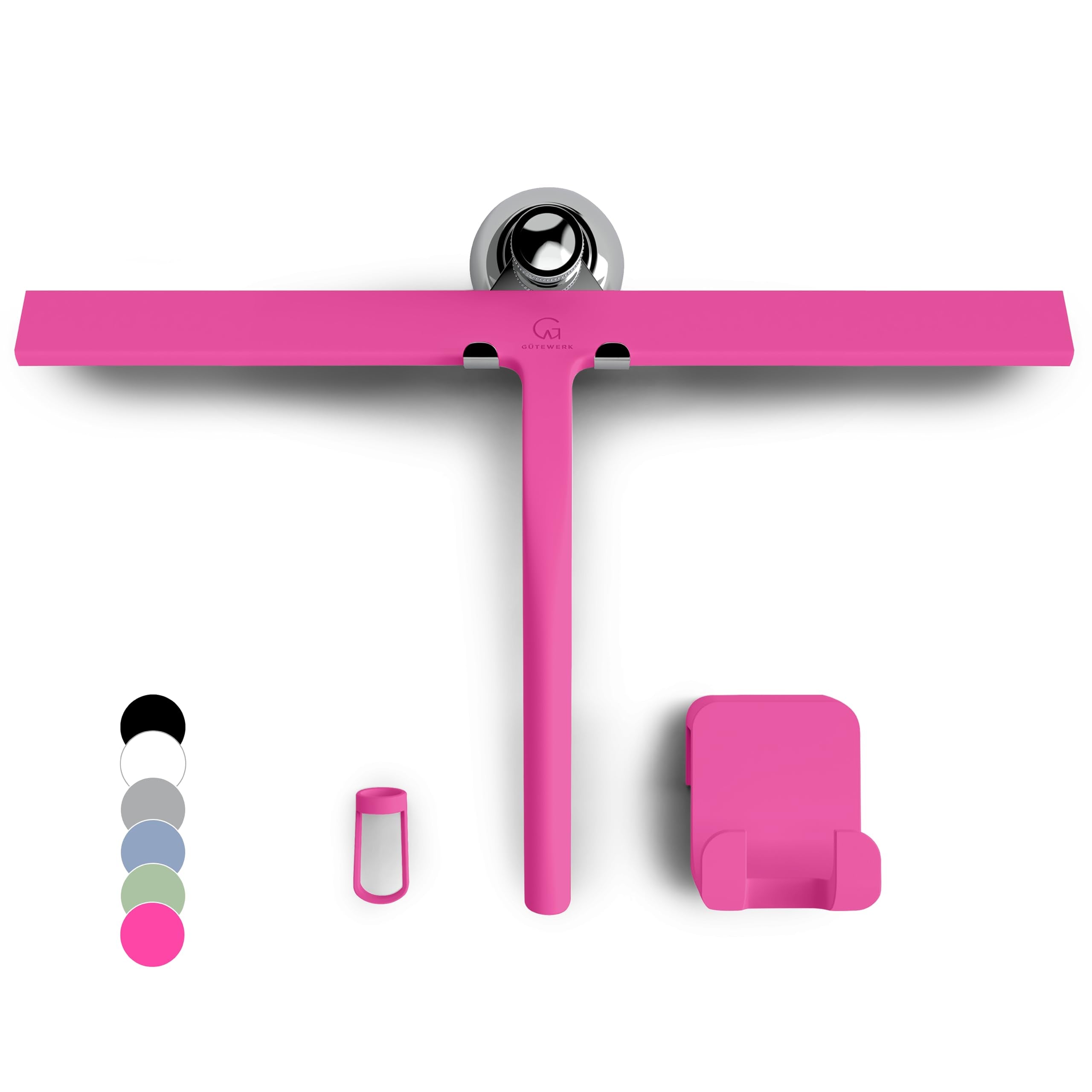 GÜTEWERK Silicone Shower Squeegee for Glass Doors & Mirrors with Stainless Steel Core, Streak-Free & No-Squeak Window Cleaning, 3-in-1 No-Drill Mount (Hook/Suction/Adhesive), Black, 9''