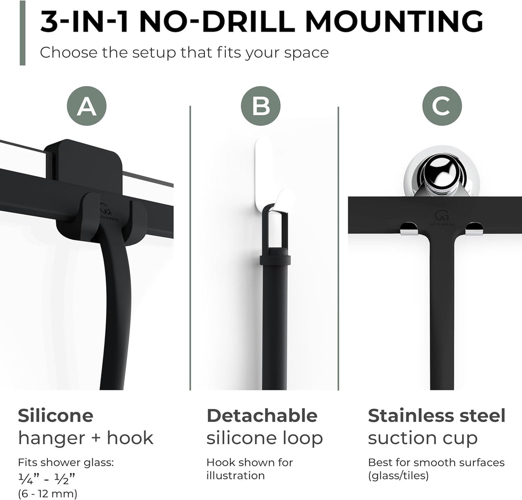 GÜTEWERK Silicone Shower Squeegee for Glass Doors & Mirrors with Stainless Steel Core, Streak-Free & No-Squeak Window Cleaning, 3-in-1 No-Drill Mount (Hook/Suction/Adhesive), Black, 9''