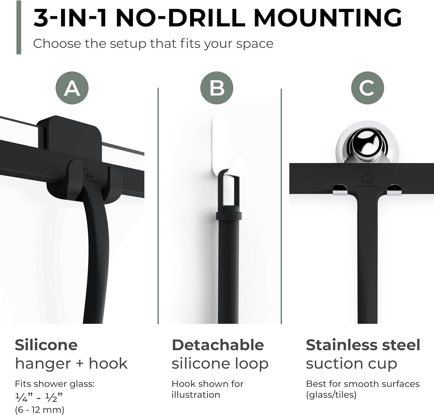 GÜTEWERK Silicone Shower Squeegee for Glass Doors & Mirrors with Stainless Steel Core, Streak-Free & No-Squeak Window Cleaning, 3-in-1 No-Drill Mount (Hook/Suction/Adhesive), Black, 9''