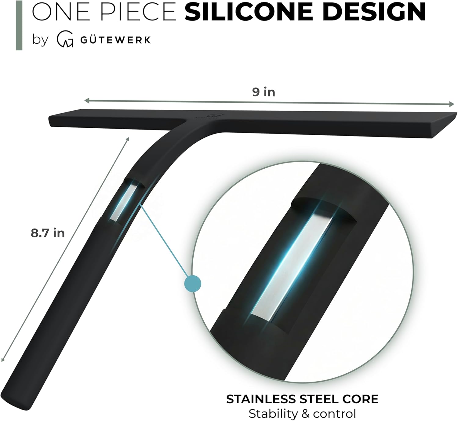 GÜTEWERK Silicone Shower Squeegee for Glass Doors & Mirrors with Stainless Steel Core, Streak-Free & No-Squeak Window Cleaning, 3-in-1 No-Drill Mount (Hook/Suction/Adhesive), Black, 9''
