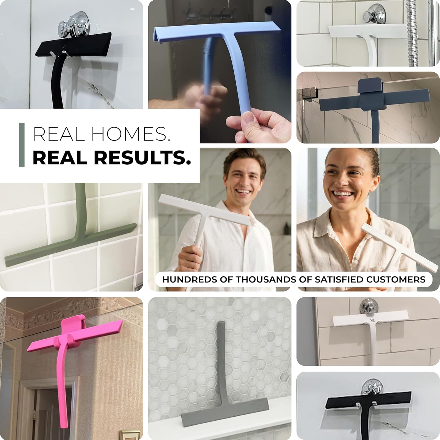 GÜTEWERK Silicone Shower Squeegee for Glass Doors & Mirrors with Stainless Steel Core, Streak-Free & No-Squeak Window Cleaning, 3-in-1 No-Drill Mount (Hook/Suction/Adhesive), Black, 9''