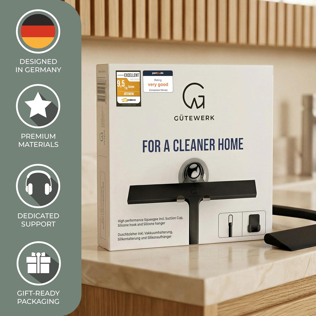 GÜTEWERK Silicone Shower Squeegee for Glass Doors & Mirrors with Stainless Steel Core, Streak-Free & No-Squeak Window Cleaning, 3-in-1 No-Drill Mount (Hook/Suction/Adhesive), Black, 9''