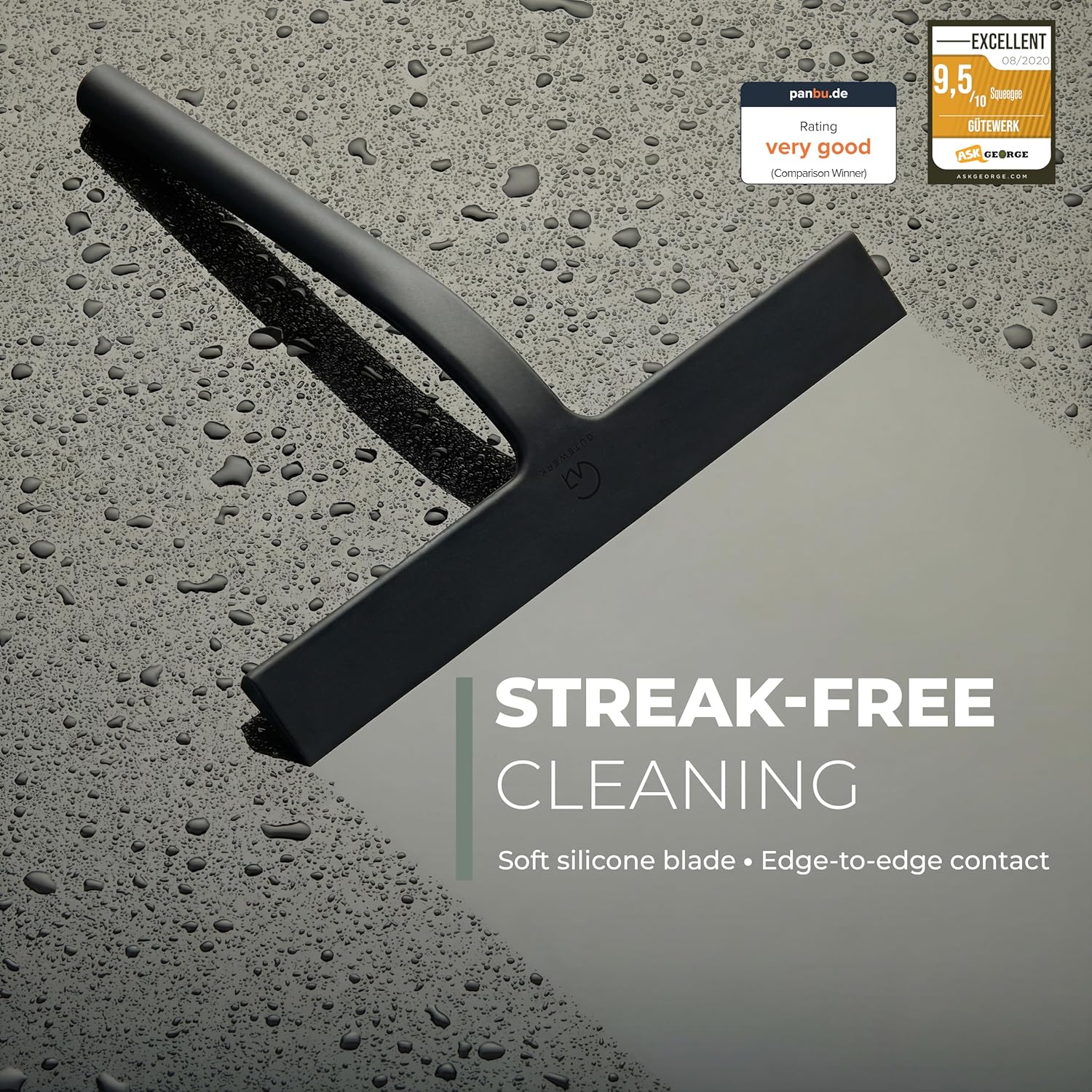 GÜTEWERK Silicone Shower Squeegee for Glass Doors & Mirrors with Stainless Steel Core, Streak-Free & No-Squeak Window Cleaning, 3-in-1 No-Drill Mount (Hook/Suction/Adhesive), Black, 9''